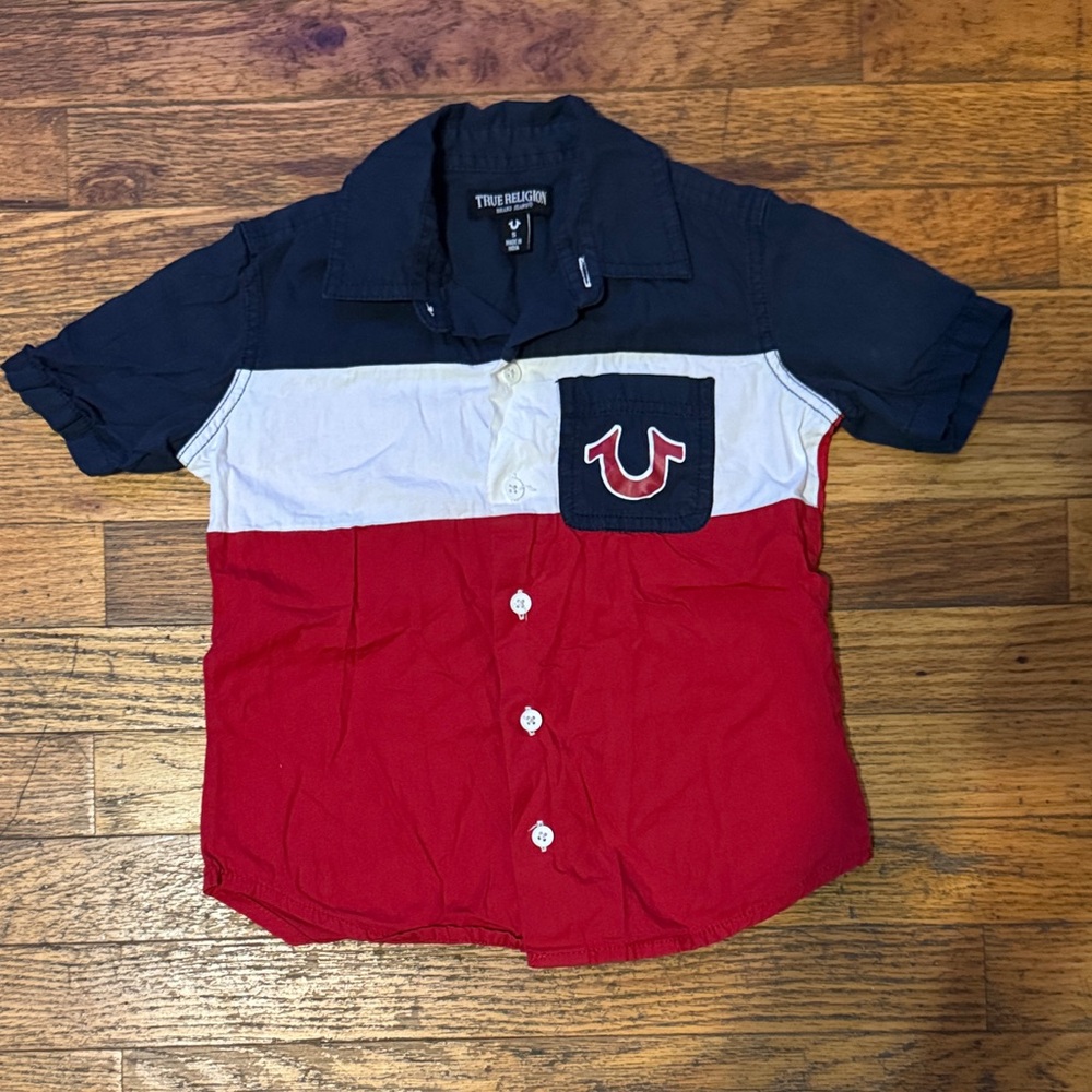 True Religion Kids Tricolor Button Down Shirt - Navy, White, Red